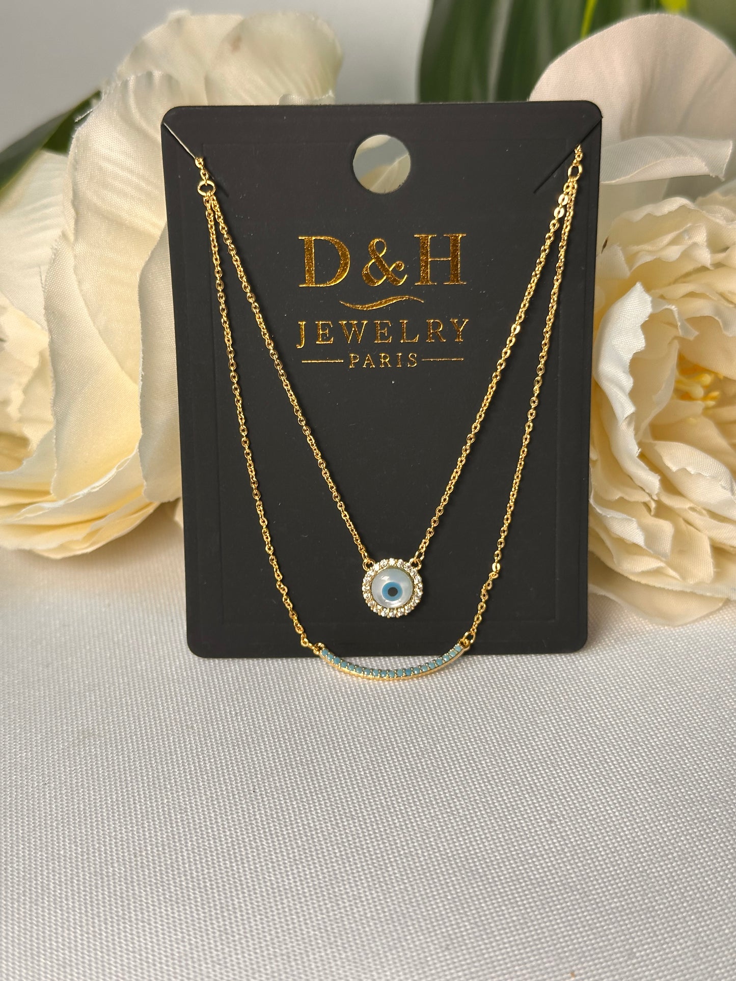 ✨ Collier Double Rang – Œil Porte-Bonheur & Zircons Bleu | D&H Jewelry Paris