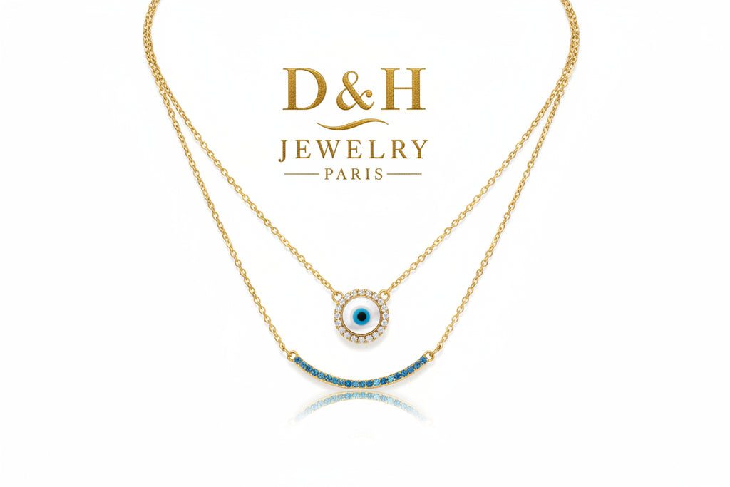 ✨ Collier Double Rang – Œil Porte-Bonheur & Zircons Bleu | D&H Jewelry Paris