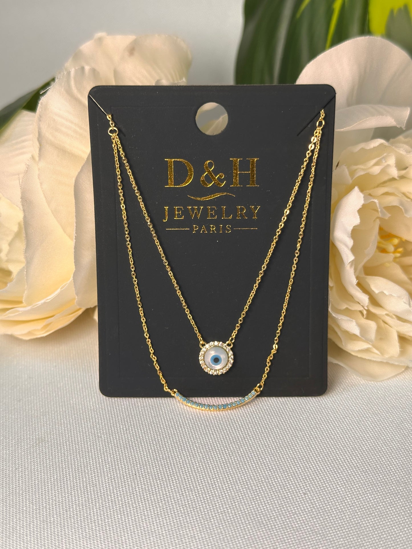 ✨ Collier Double Rang – Œil Porte-Bonheur & Zircons Bleu | D&H Jewelry Paris
