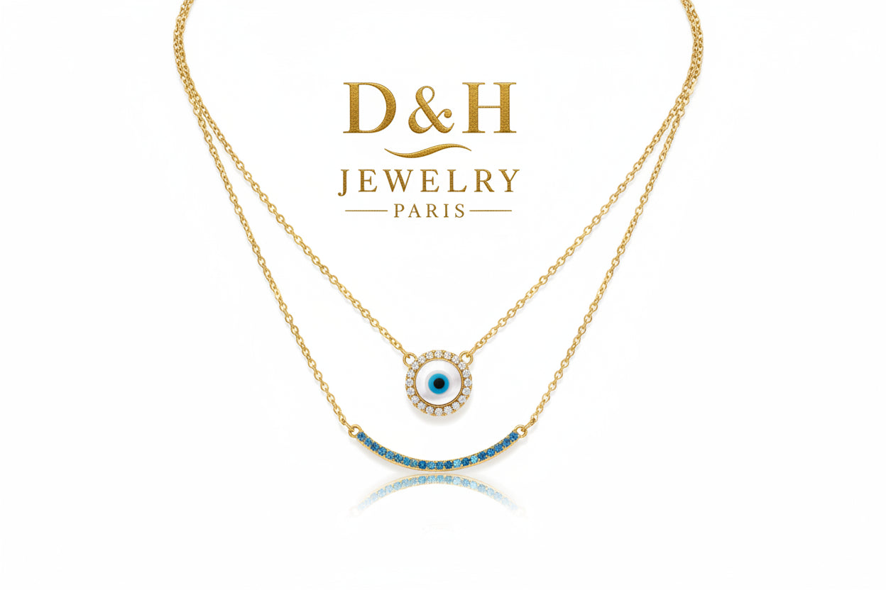 ✨ Collier Double Rang – Œil Porte-Bonheur & Zircons Bleu | D&H Jewelry Paris