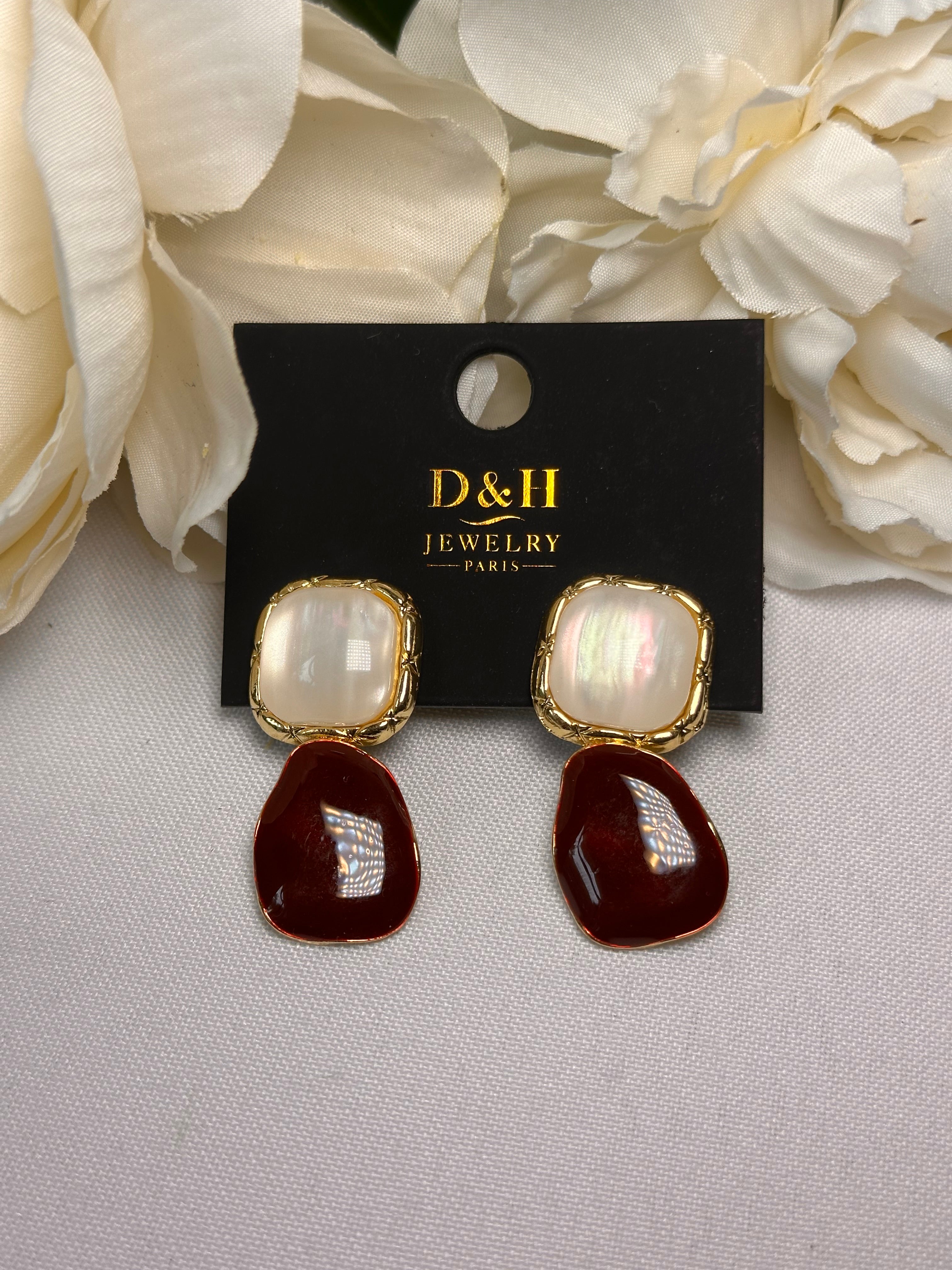 💎 Boucles d’oreilles D&H Jewelry Paris – Élégance nacrée & rouge profond