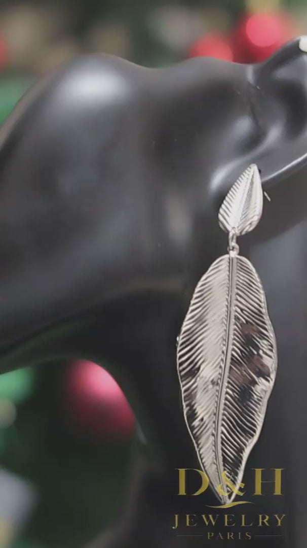 Boucle d’Oreille Plume Élégante – Argent & Doré | Bijou Femme Chic D&H